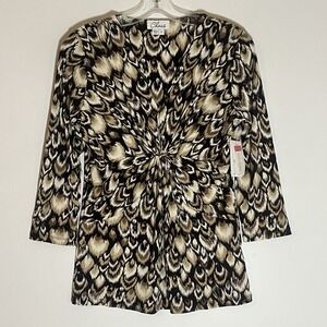 Chaus Top Womens Small Multicolor Feather Stretch Geometric V Neck 3/4 Sleeve S